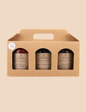 A gift box containing three jars from Nichols Pickles & Preserves