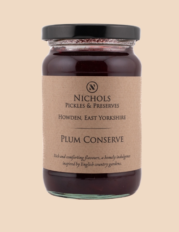 A jar of plum conserve from Nichols Pickles & Preserves.