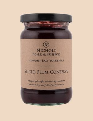 A jar of spiced plum conserve from Nichols Pickles & Preserves.