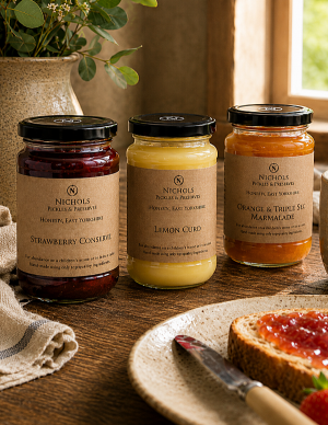 The Yorkshire Breakfast Collection including Strawberry Conserve, Lemon Curd, and Orange & Triple Sec Marmalade, surrounded by a cup of tea, and jam on toast.