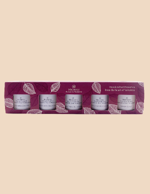 A gift box containing five jars from Nichols Pickles & Preserves.