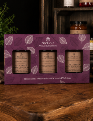 A gift box containing three jars from Nichols Pickles & Preserves