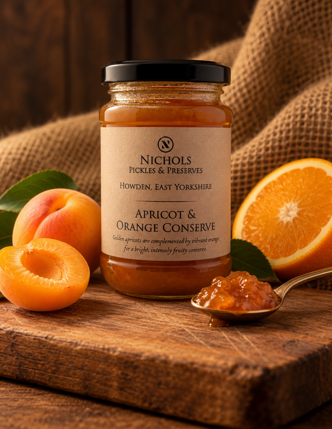 Apricot & Orange Conserve surrounded by apricots, and oranges.